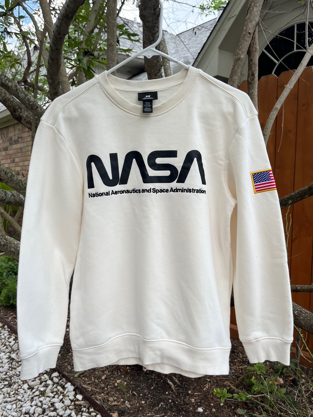 H&M Cream NASA Logo Crewneck Sweatshirt with American Flag Patch